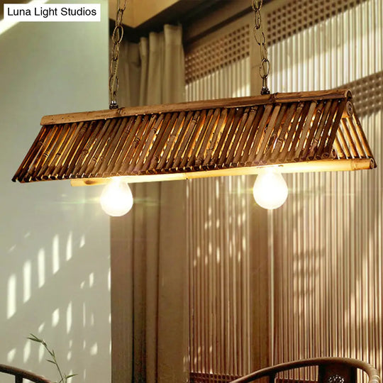 Chinese Bamboo Triangular Island Light - Brown Pendant Lighting Fixture With 2 Heads For Tearoom