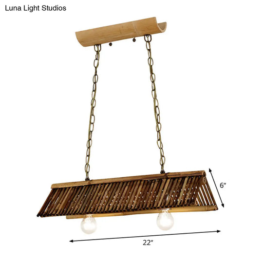 Chinese Bamboo Triangular Island Light - Brown Pendant Lighting Fixture With 2 Heads For Tearoom