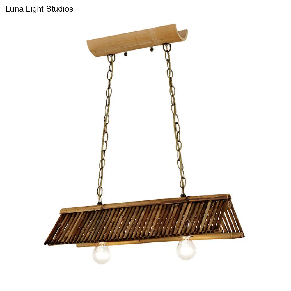 Chinese Bamboo Triangular Island Light - Brown Pendant Lighting Fixture With 2 Heads For Tearoom