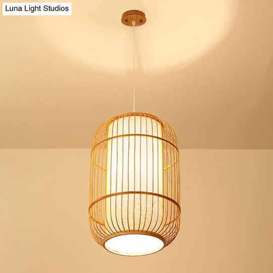 Chinese Bamboo Wood Pendant Lamp - Oval Hanging Ceiling Lantern With Shade Inside / Small