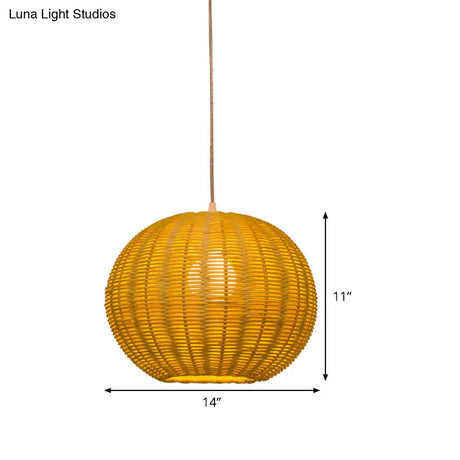 Chinese Beige Bamboo Pendant Light With Globe Shade - Restaurant Quality