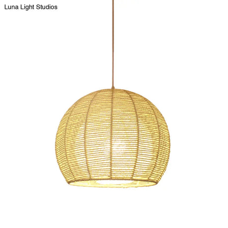 Chinese Beige Bamboo Sphere Ceiling Lamp - 1 Head Hanging Light Fixture