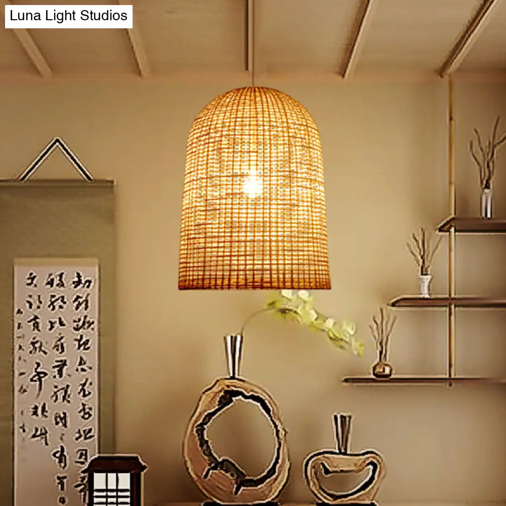 Chinese Beige Pendant Lighting With Bamboo Shade - 1-Light Restaurant Ceiling