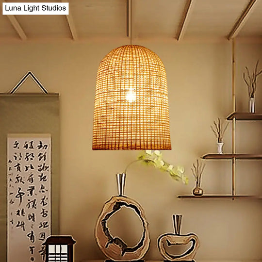Chinese Beige Pendant Lighting With Bamboo Shade - 1-Light Restaurant Ceiling