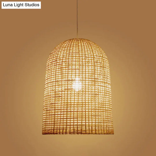 Chinese Beige Pendant Lighting With Bamboo Shade - 1-Light Restaurant Ceiling