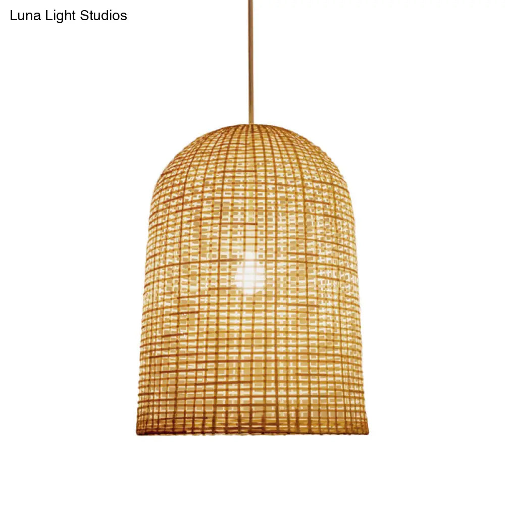 Chinese Beige Pendant Lighting With Bamboo Shade - 1-Light Restaurant Ceiling