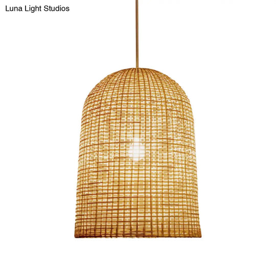 Chinese Beige Pendant Lighting With Bamboo Shade - 1-Light Restaurant Ceiling