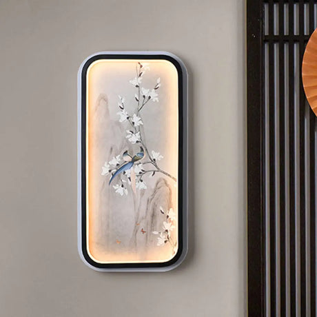 Chinese Bird And Flower Fabric Mural Lamp: Led Wall Mounted Lighting Black & White Black-White