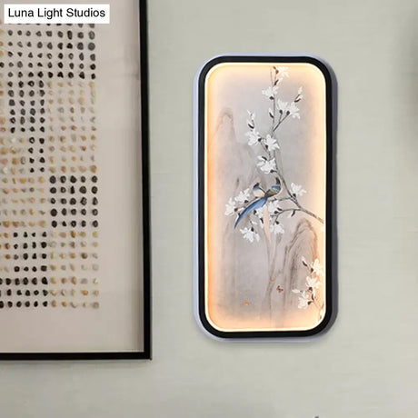 Chinese Bird And Flower Fabric Mural Lamp: Led Wall Mounted Lighting Black & White
