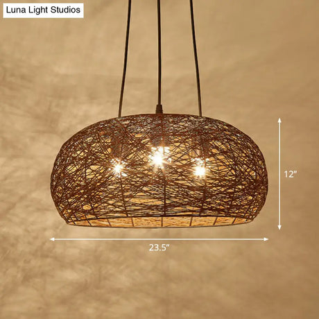 Chinese Dome Rattan Chandelier With 3 Pendant Lights For Restaurants