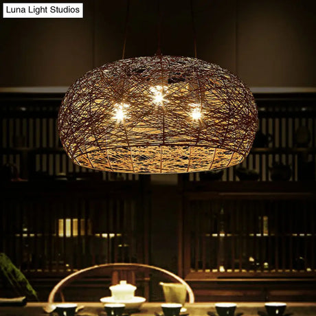 Chinese Dome Rattan Chandelier With 3 Pendant Lights For Restaurants