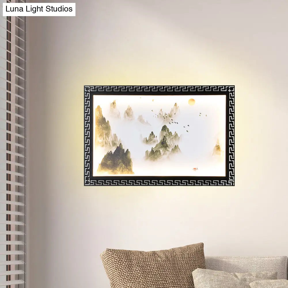 Chinese Fabric Led Wall Sconce: Paradise/Misty Mountain Black Mural Lighting For Home Décor