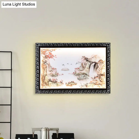 Chinese Fabric Led Wall Sconce: Paradise/Misty Mountain Black Mural Lighting For Home Décor