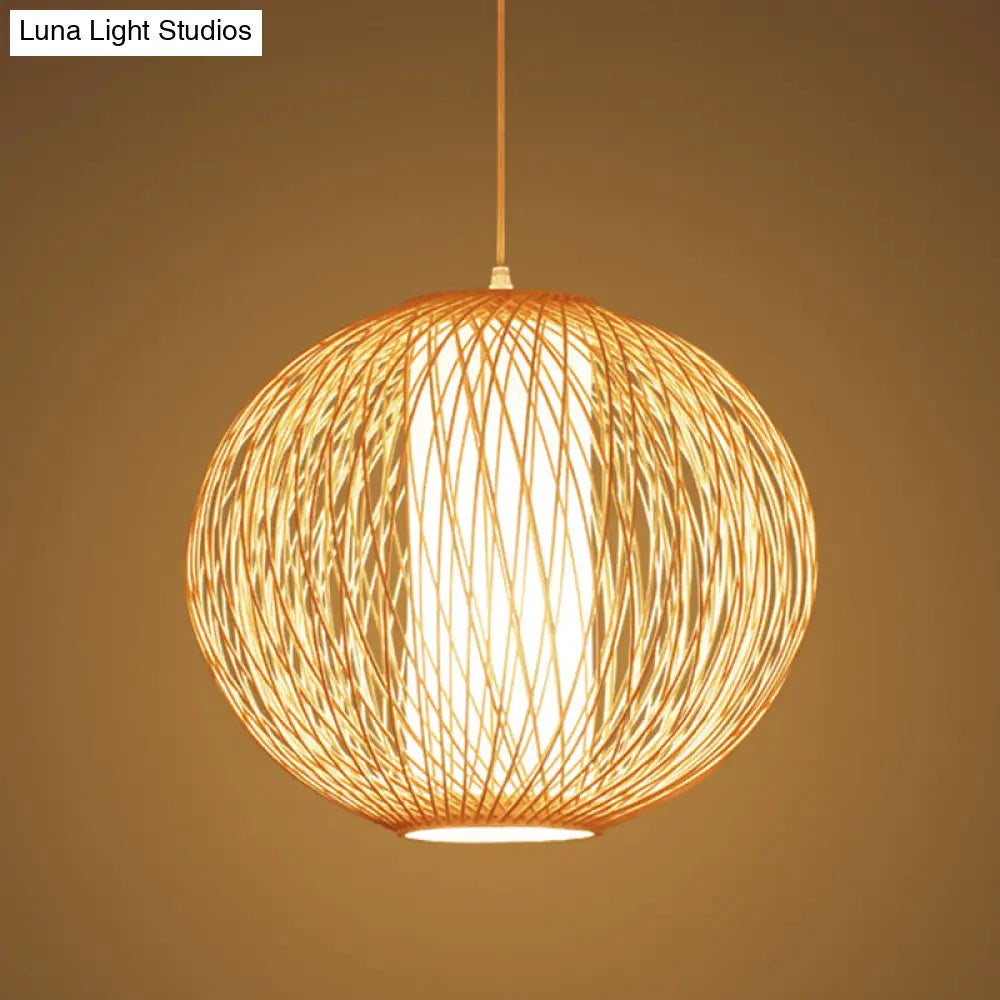 Chinese-Inspired Beige Globe Pendant Lamp With Bamboo Hanging Light Kit - Inner White Cylinder Shade