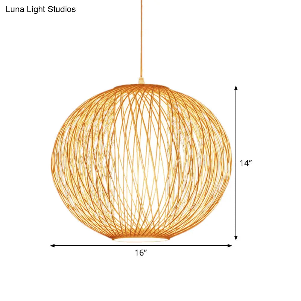 Chinese-Inspired Beige Globe Pendant Lamp With Bamboo Hanging Light Kit - Inner White Cylinder Shade
