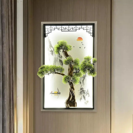 Chinese Landscape Pine Tree Iron Mural Sconce Light With Led Flush Mount - Green Decor / B