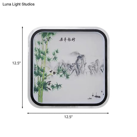 Chinese Led Flush Mount Wall Light With Black Leaf/Flower Painting And Fabric Shade