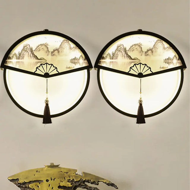 Chinese Metal Black Fan-Shaped Led Wall Lamp With Mountain Scene Mural Light And Tassel Knot Accent