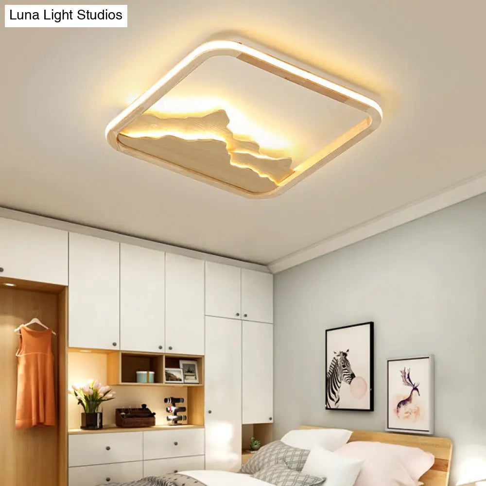 Chinese Mountain Wood Rectangle Flush Ceiling Led Light Fixture For Bedroom / 17 Natural