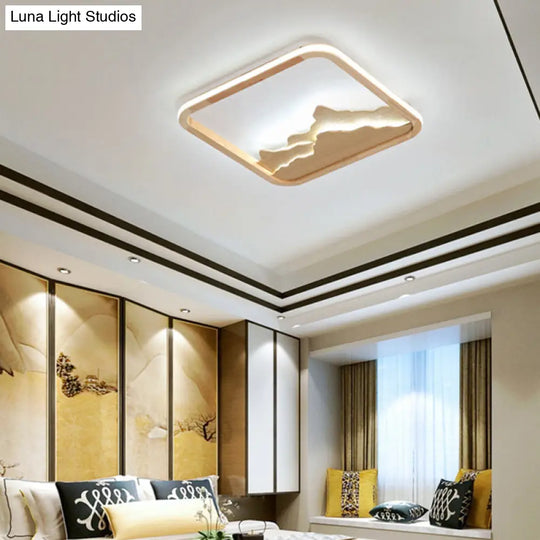 Chinese Mountain Wood Rectangle Flush Ceiling Led Light Fixture For Bedroom / 17 Remote Control