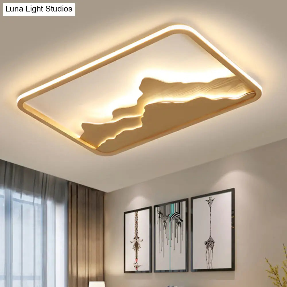 Chinese Mountain Wood Rectangle Flush Ceiling Led Light Fixture For Bedroom / 25.5 Remote Control
