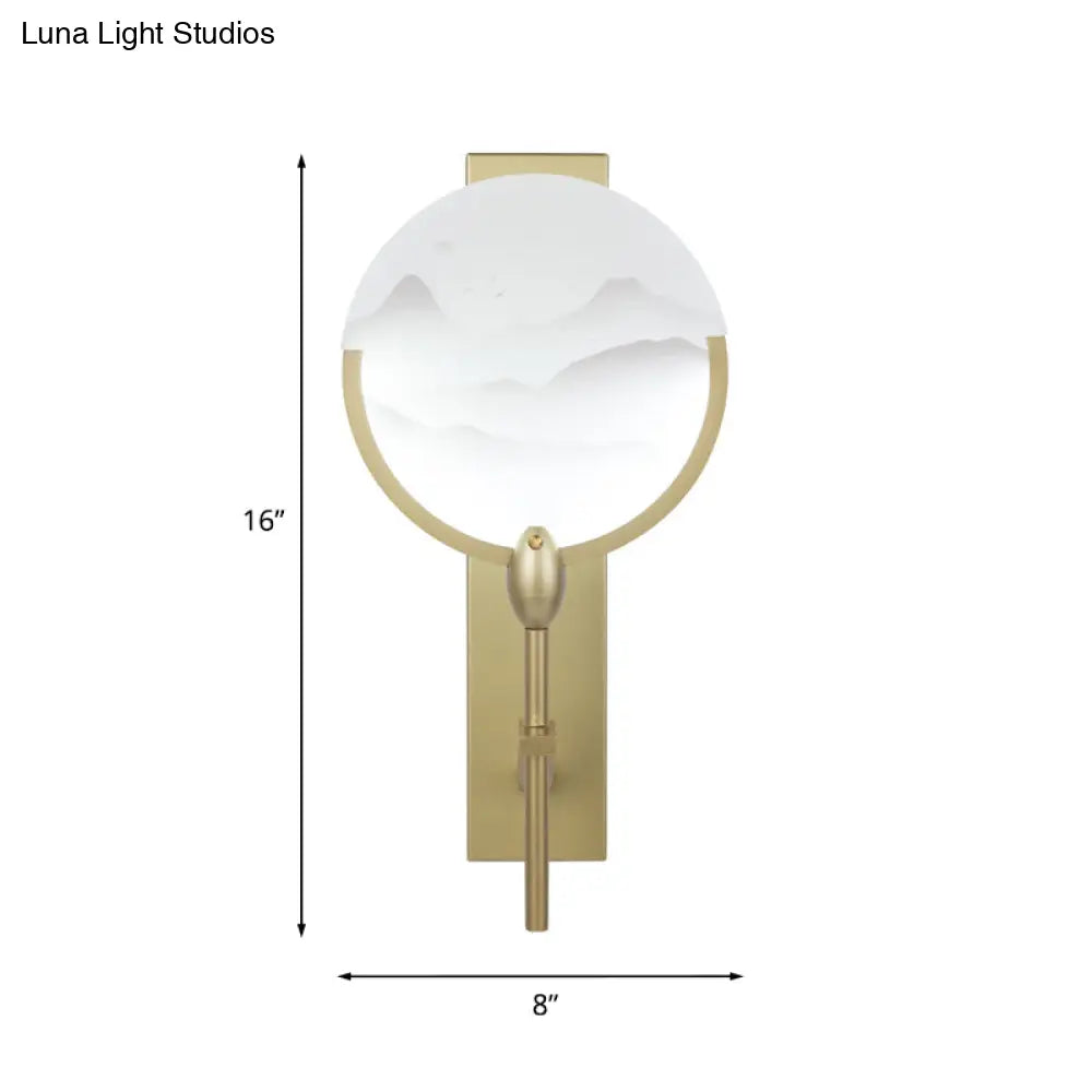 Chinese Round Fan Led Wall Light Fixture In Gold - Acrylic Bedside Mural Sconce