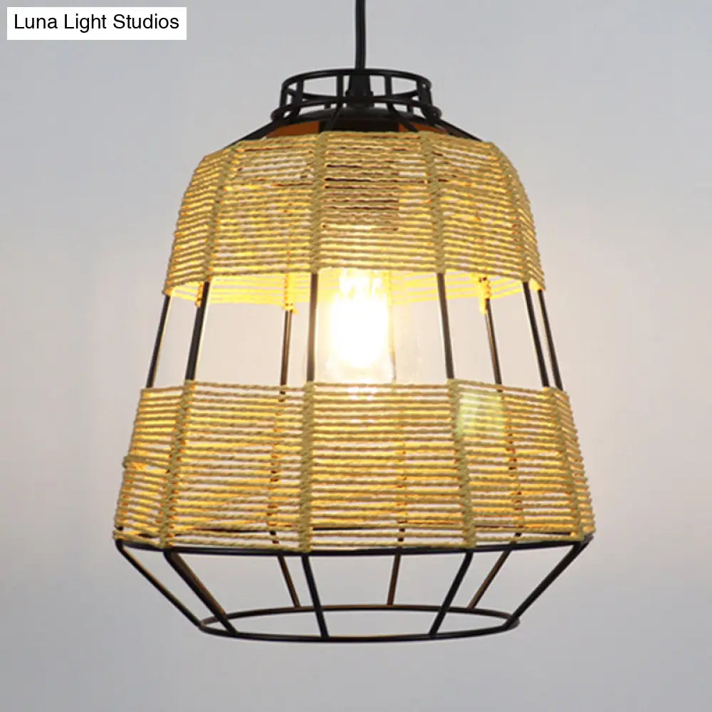 Chinese Straw Rope Barrel Metal Cage Hanging Lamp - 1-Light Beige Drop Ceiling Light Ideal For