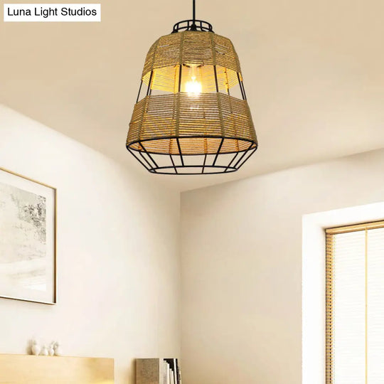 Chinese Straw Rope Barrel Metal Cage Hanging Lamp - 1-Light Beige Drop Ceiling Light Ideal For