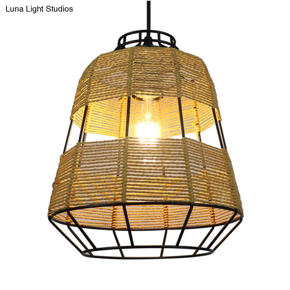 Chinese Straw Rope Barrel Metal Cage Hanging Lamp - 1-Light Beige Drop Ceiling Light Ideal For