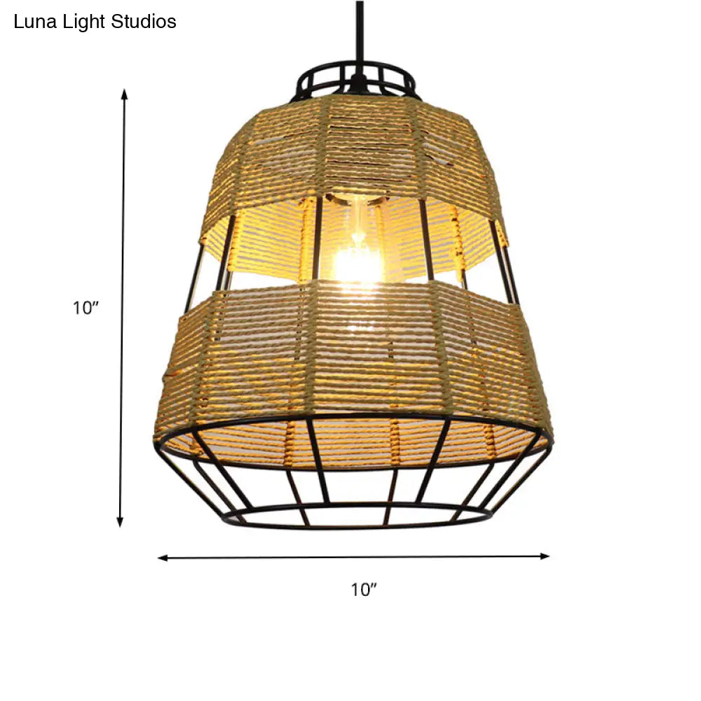 Chinese Straw Rope Barrel Metal Cage Hanging Lamp - 1-Light Beige Drop Ceiling Light Ideal For