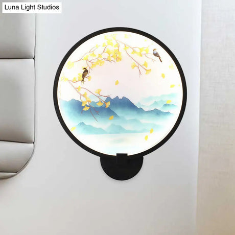 Chinese Style Acrylic Led Wall Sconce In Black Ginkgo/Blooming Plum Mural Light Fixture For Bedrooms