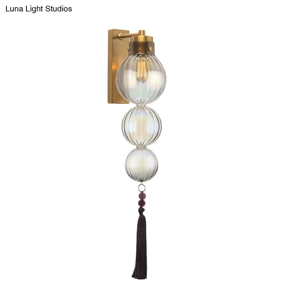 Chinese Style Brass/Chrome Sphere Sconce Light - Clear/Amber/Light Blue Glass Wall Mount Lamp With