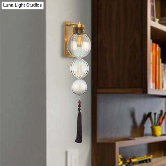 Chinese Style Brass/Chrome Sphere Sconce Light - Clear/Amber/Light Blue Glass Wall Mount Lamp With