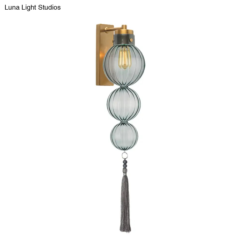 Chinese Style Brass/Chrome Sphere Sconce Light - Clear/Amber/Light Blue Glass Wall Mount Lamp With