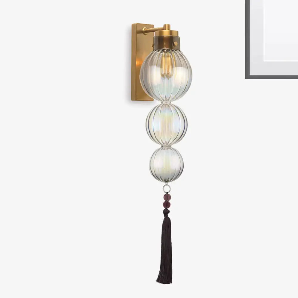 Chinese Style Brass/Chrome Sphere Sconce Light - Clear/Amber/Light Blue Glass Wall Mount Lamp With