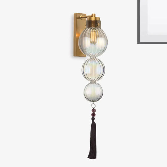 Chinese Style Brass/Chrome Sphere Sconce Light - Clear/Amber/Light Blue Glass Wall Mount Lamp With