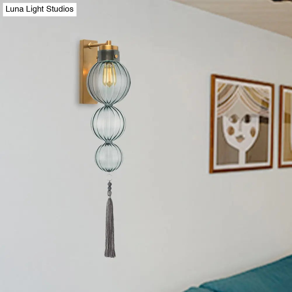 Chinese Style Brass/Chrome Sphere Sconce Light - Clear/Amber/Light Blue Glass Wall Mount Lamp With