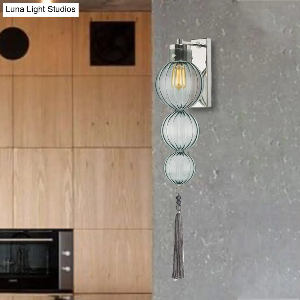 Chinese Style Brass/Chrome Sphere Sconce Light - Clear/Amber/Light Blue Glass Wall Mount Lamp With