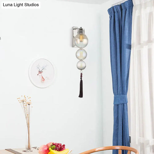 Chinese Style Brass/Chrome Sphere Sconce Light - Clear/Amber/Light Blue Glass Wall Mount Lamp With