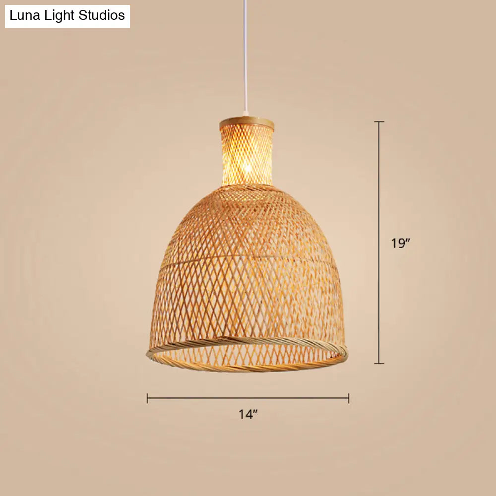 Chinese Style Handmade Bamboo Ceiling Light - Single Pendant For Restaurant Wood Finish