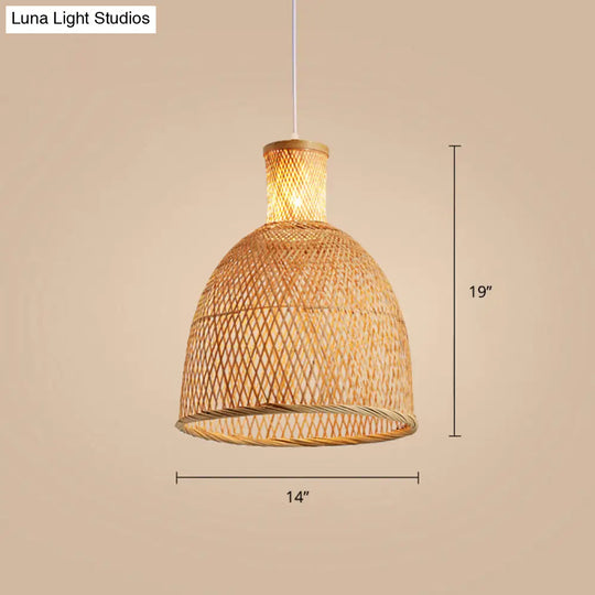 Chinese Style Handmade Bamboo Ceiling Light - Single Pendant For Restaurant Wood Finish