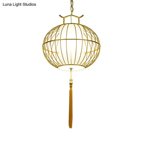 Chinese Style Hanging Pendant Light With Bamboo Shade - Black/Gold Lantern Ceiling Indoor Use