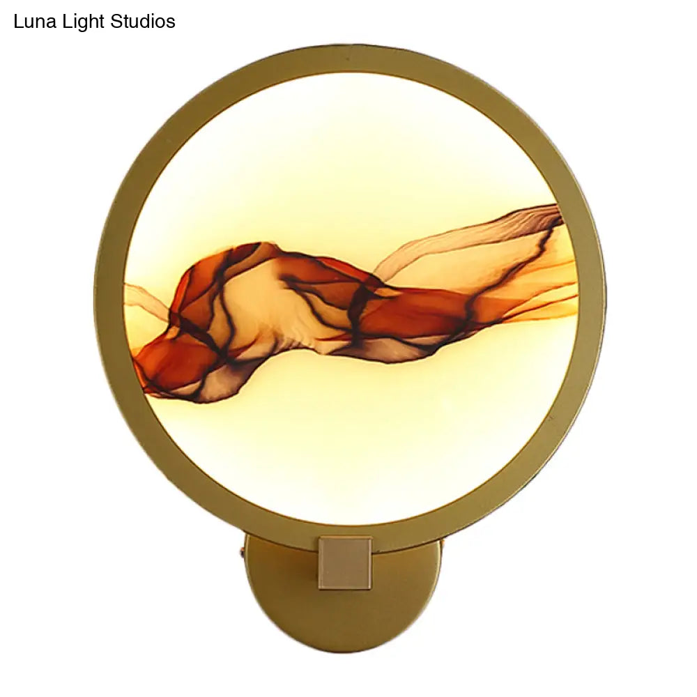 Chinese Style Led Smoke Mural Acrylic Wall Light For Dining Room - Gold Rounded Design