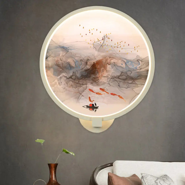 Chinese Style Led Wall Light - White Acrylic Mural Lamp For Hallway With Fish And Bird Design