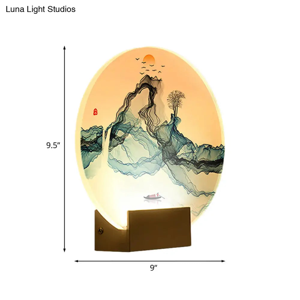 Chinese Style Led Wall Light With Mountain & Sun Design In Blue Acrylic