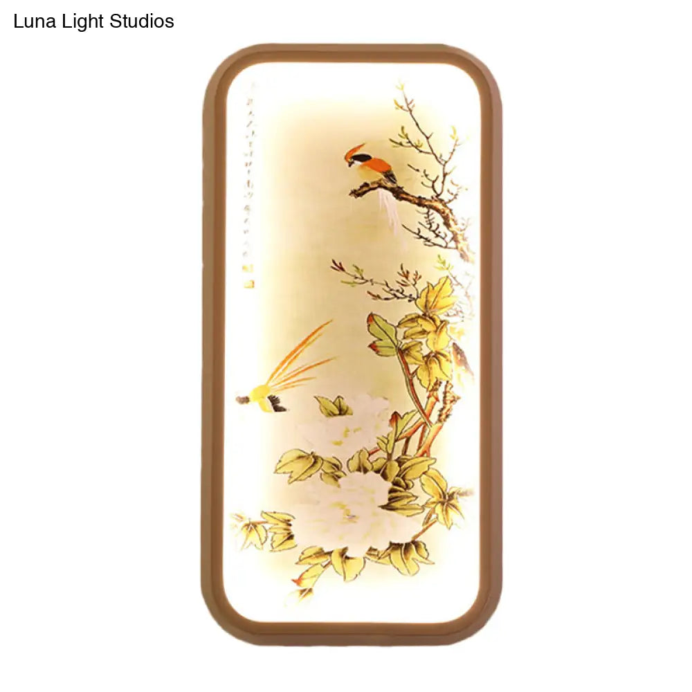 Chinese Style Led Yellow Wall Mount Light With Fabric Rectangle Leaf And Bird Mural