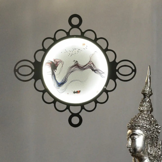 Chinese Style Mountain Landscape Metal Mural Lamp: Black Led Wall Mount Lighting With Edge Circles