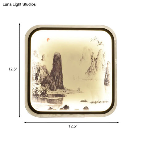 Chinese Style Mountain Patterned Square Mural Lamp With Led Flush Mount For Living Room In Grey/Blue