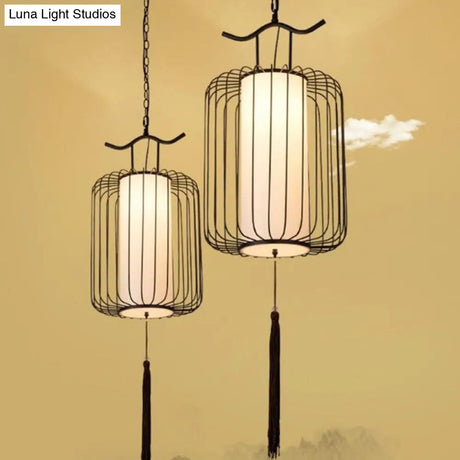 Chinese Style Retro 1-Light Pendant Lighting | Vertical Cage Shade Restaurant Hanging Lamp