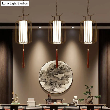 Chinese Style Retro 1-Light Pendant Lighting | Vertical Cage Shade Restaurant Hanging Lamp